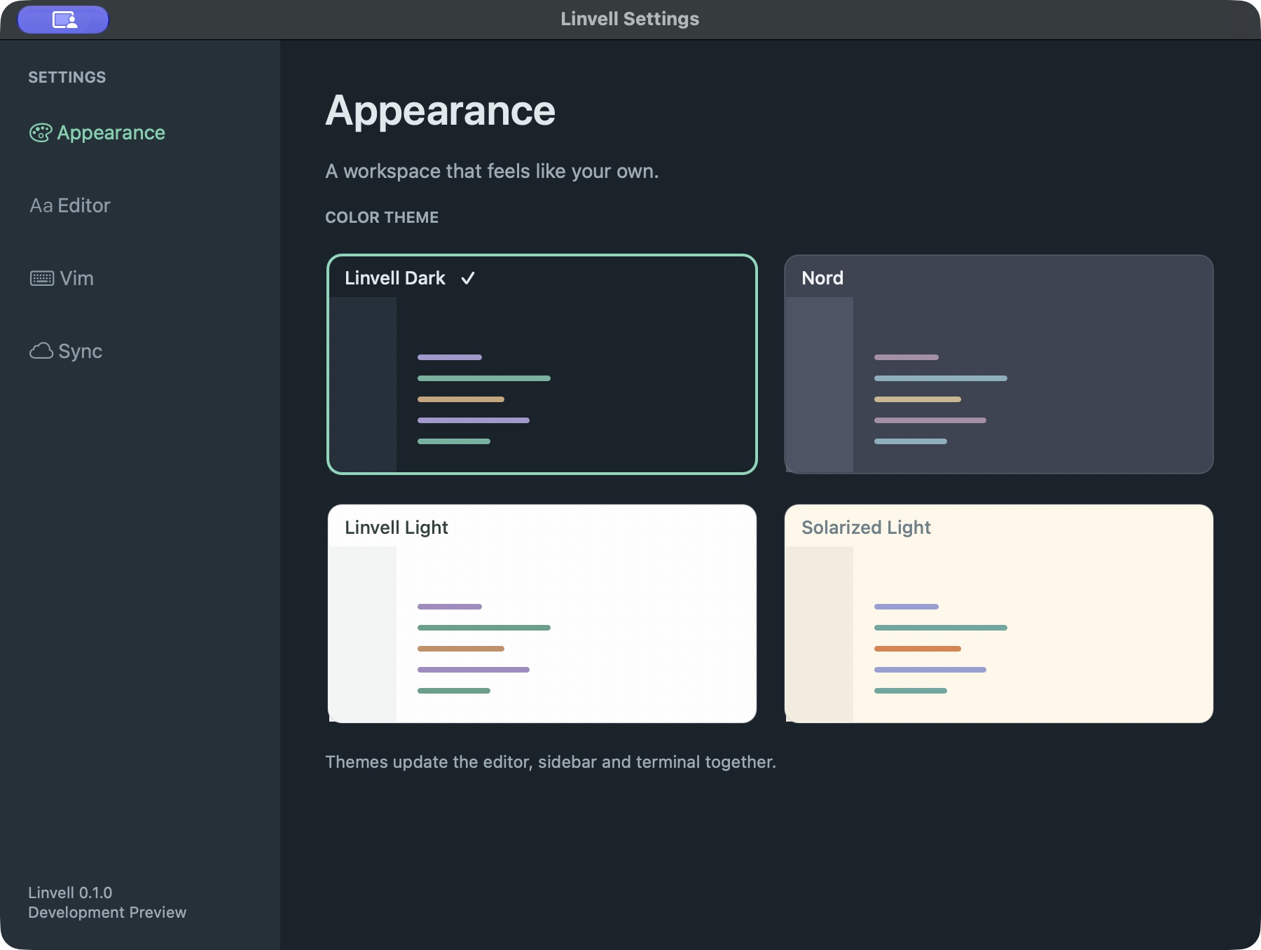 Actual Linvell native settings window showing its four built-in light and dark themes